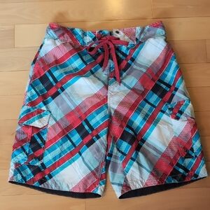 Plaid Men's Swim Shorts - Red and Blue